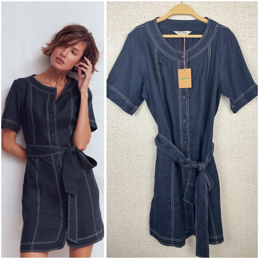 Boden Callie Navy Linen Short Dress Contrast Stitch Belted Button Front US 6 NWT